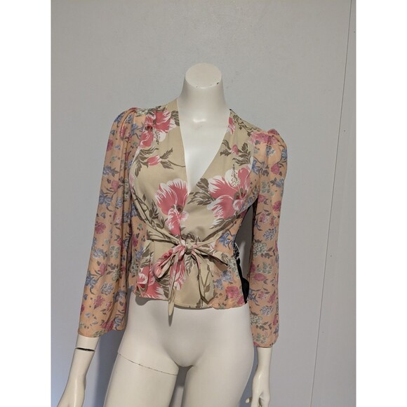 Vintage Combing Bed Jacket Patchwork Nylon Tricot Puff Sleeve Kimono Wrap XS/S - Picture 1 of 7